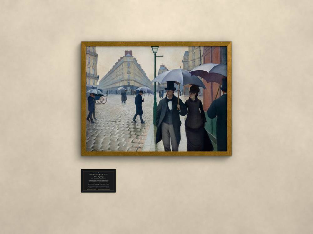 Gustave Caillebotte, Paris, Regentag, im goldenen Rahmen mit Museumskarte