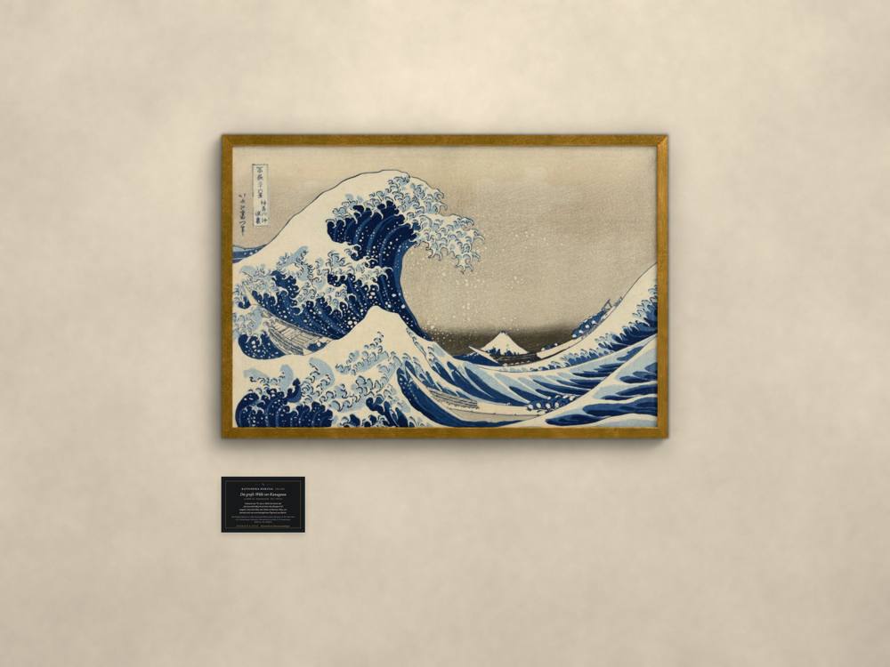 Katsushika Hokusai, Die große Welle vor Kanagawa, im goldenen Rahmen mit Museumskarte