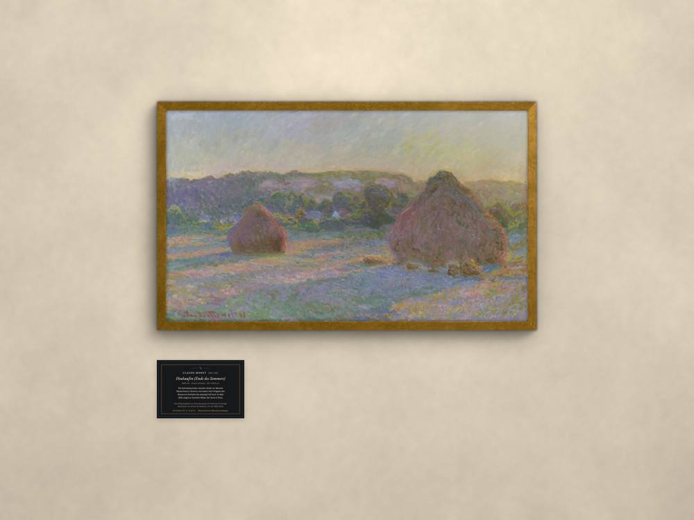 Claude Monet, Heuhaufen (Ende des Sommers), im goldenen Rahmen mit Museumskarte