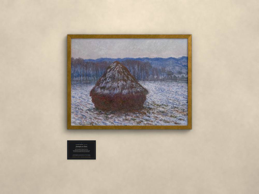 Claude Monet, Heuhaufen im Winter, im goldenen Rahmen mit Museumskarte