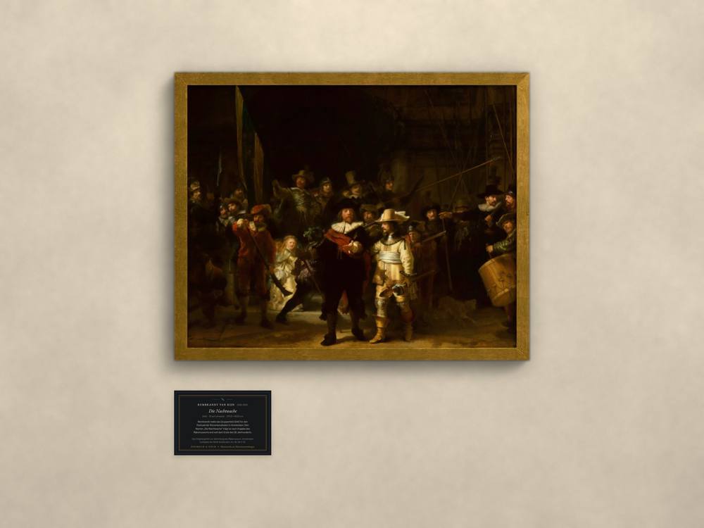 Rembrandt van Rijn, Die Nachtwache, im goldenen Rahmen mit Museumskarte
