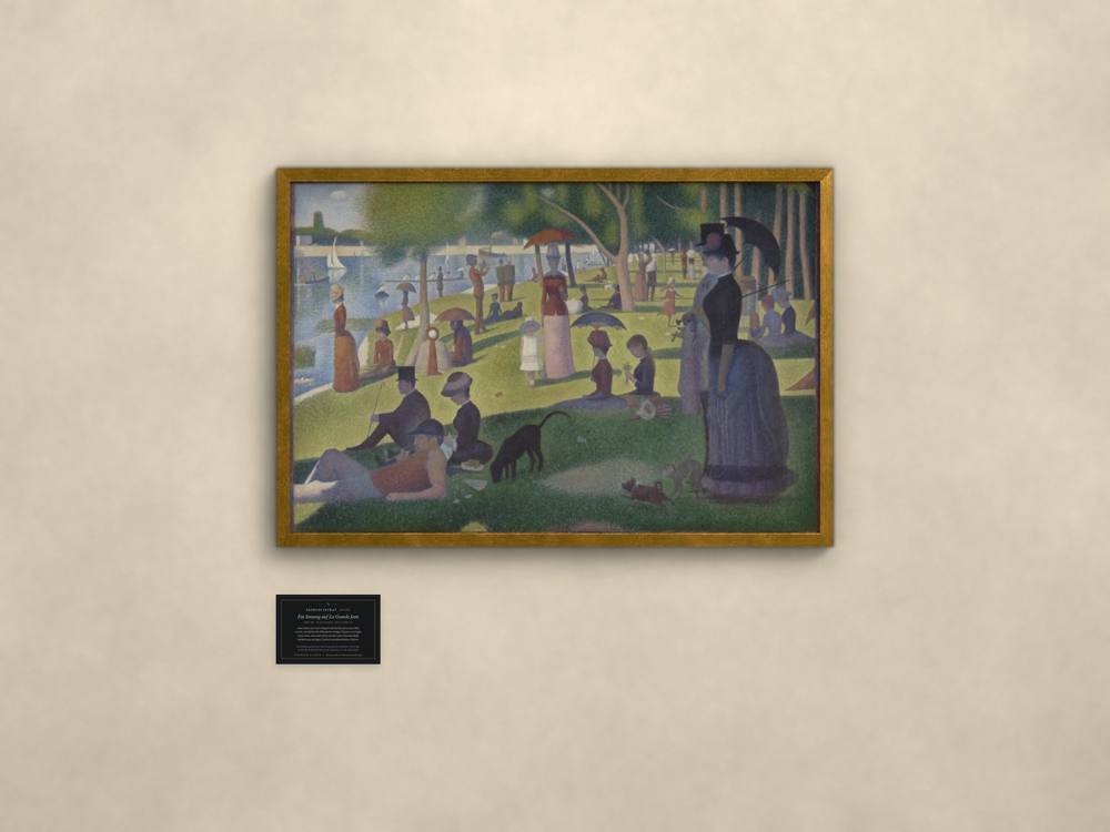 Georges Seurat, Ein Sonntag auf La Grande Jatte, im goldenen Rahmen mit Museumskarte