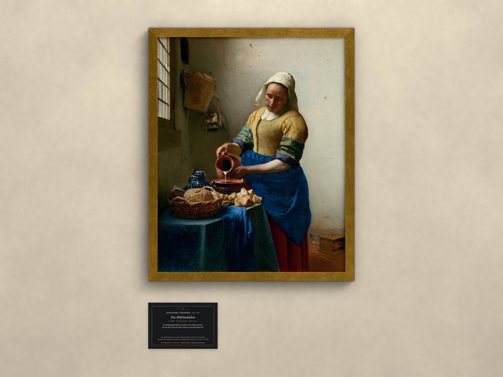 Vermeer, Das Milchmädchen, im goldenen Rahmen mit Museumskarte