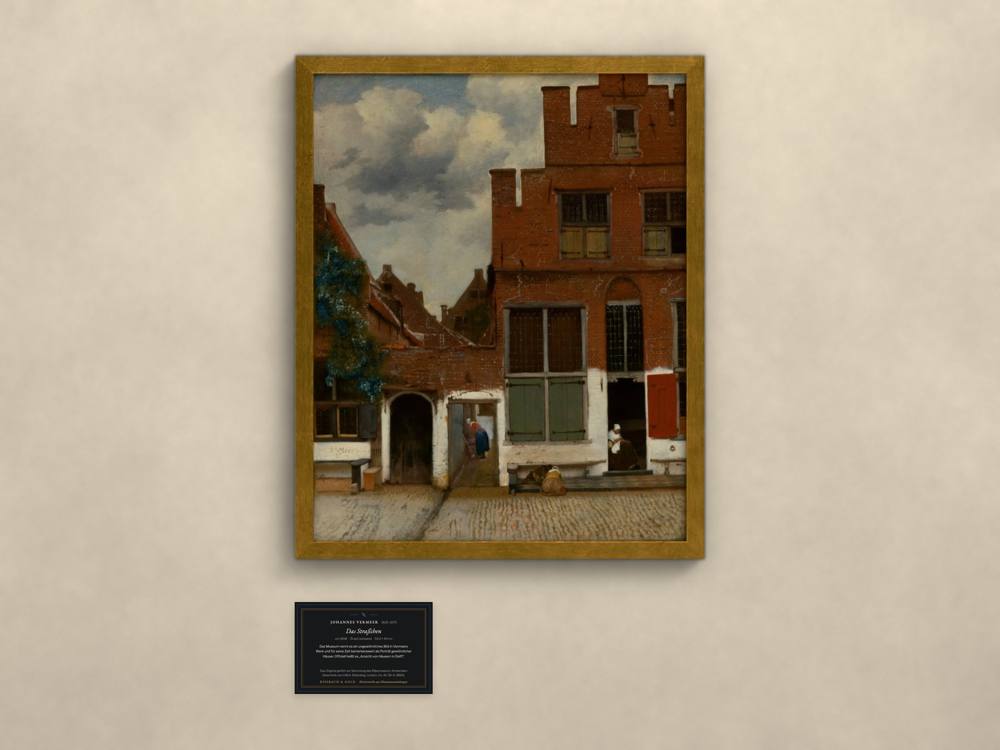 Johannes Vermeer, Das Straßchen, im goldenen Rahmen mit Museumskarte