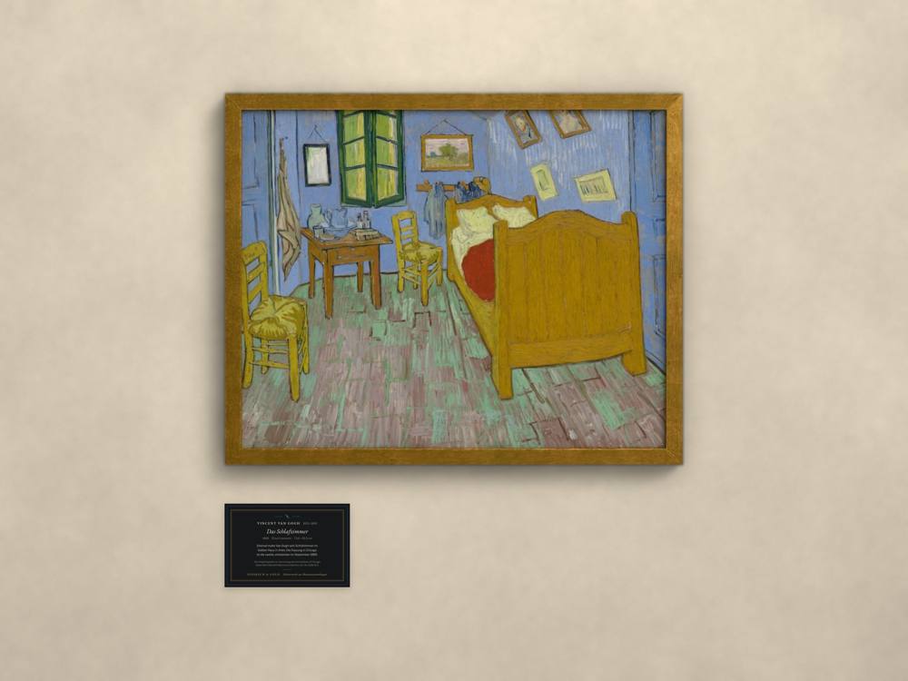 Vincent van Gogh, Das Schlafzimmer, im goldenen Rahmen mit Museumskarte