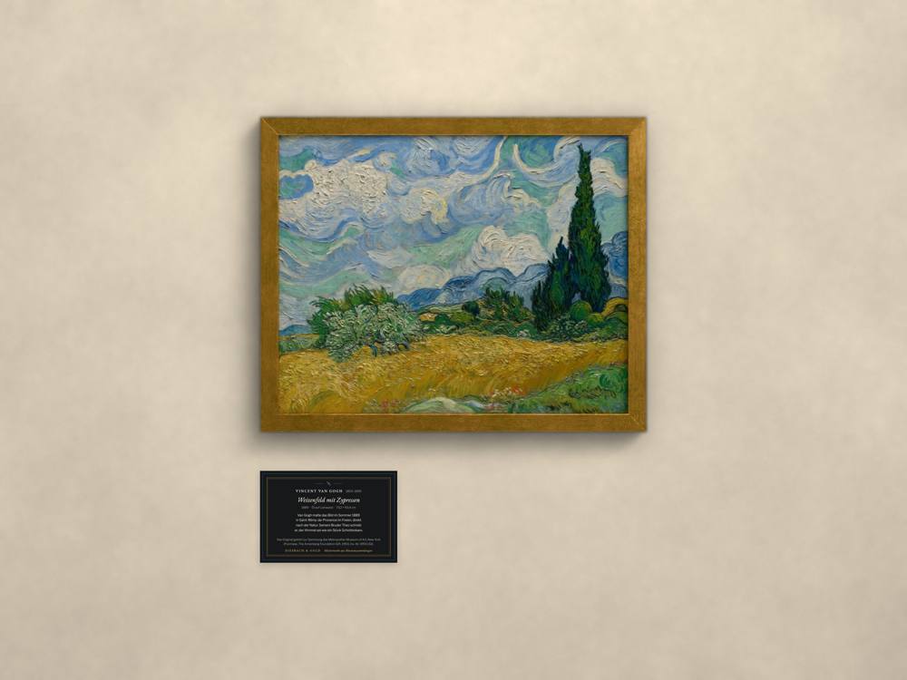 Vincent van Gogh, Weizenfeld mit Zypressen, im goldenen Rahmen mit Museumskarte