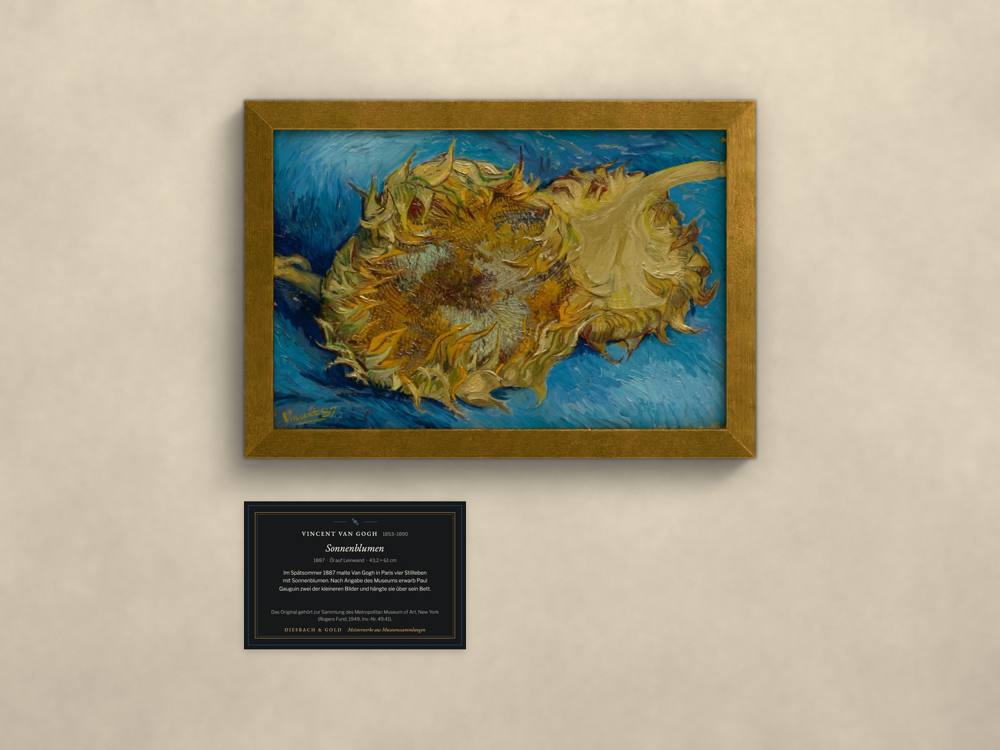 Vincent van Gogh, Sonnenblumen, im goldenen Rahmen mit Museumskarte