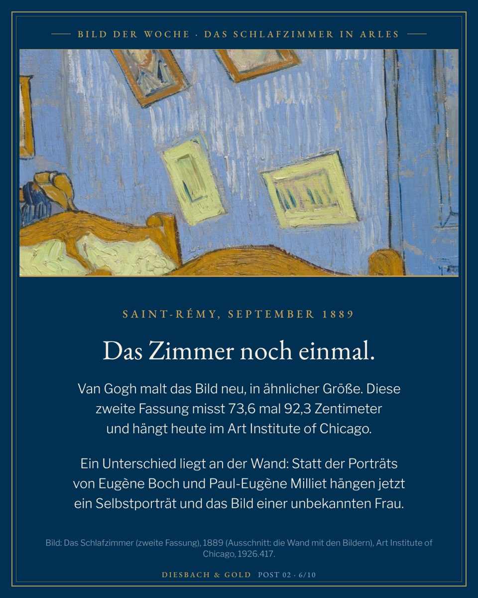 Ausschnitt der Chicagoer Fassung: blaue Wand mit zwei schräg hängenden Rahmen, darunter die Bettkante.