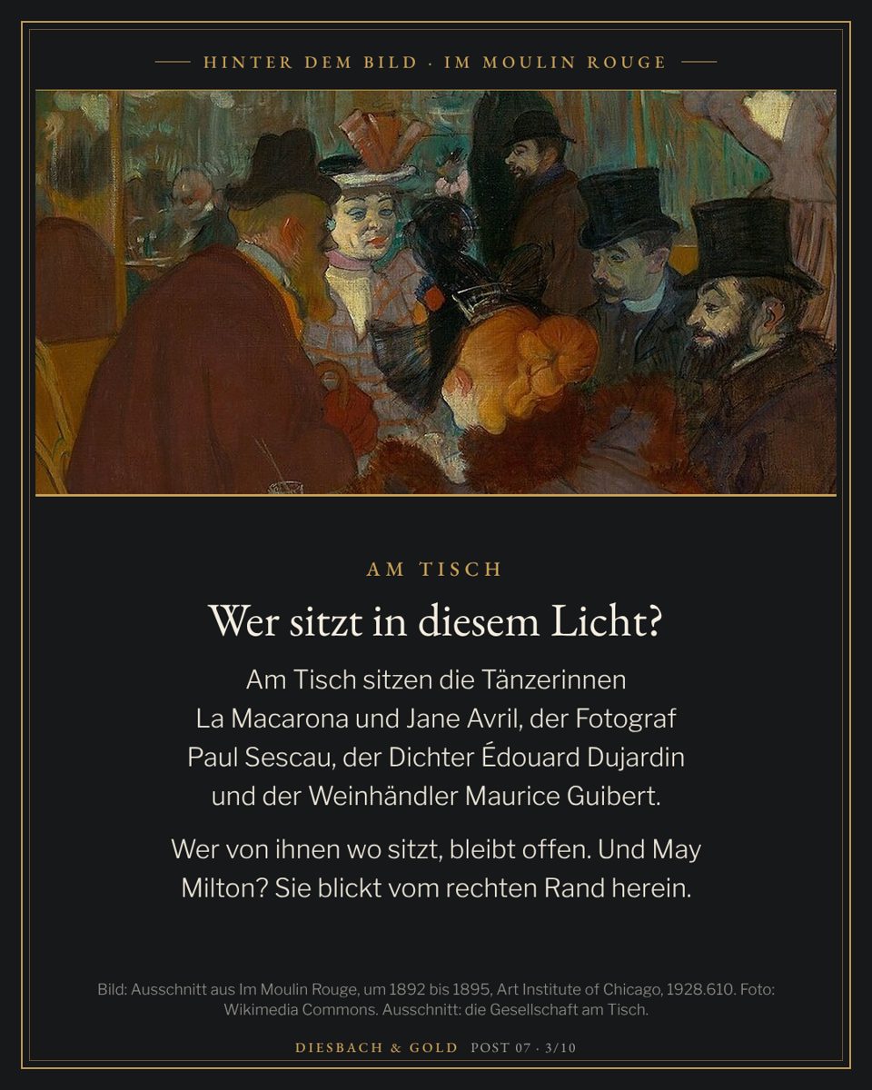 Ausschnitt mit der Tischgesellschaft: Männer mit Zylindern und Frauen mit Hüten im Moulin Rouge.
