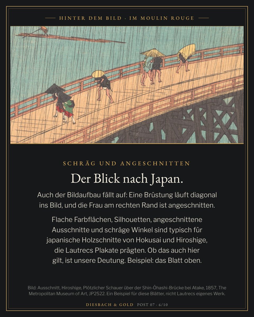 Ausschnitt aus Hiroshiges Farbholzschnitt "Plötzlicher Schauer über der Shin-Ōhashi-Brücke bei Atake" (1857, The Met).