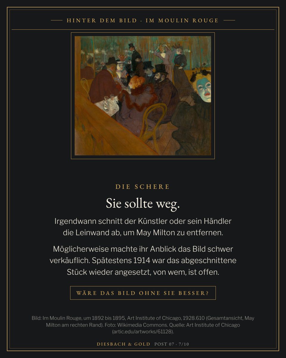 Gesamtansicht des Gemäldes: Gäste am Tisch, eine schräg ins Bild laufende Brüstung und rechts ein grün beleuchtetes Gesicht.