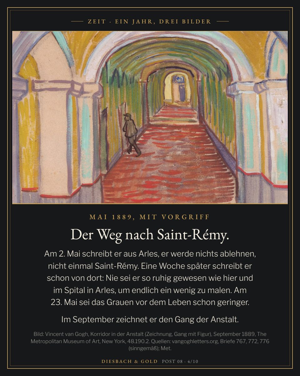Van Gogh, Korridor in der Anstalt, September 1889: gewölbter Gang mit rotem Boden und einer kleinen gehenden Figur (Ausschnitt).
