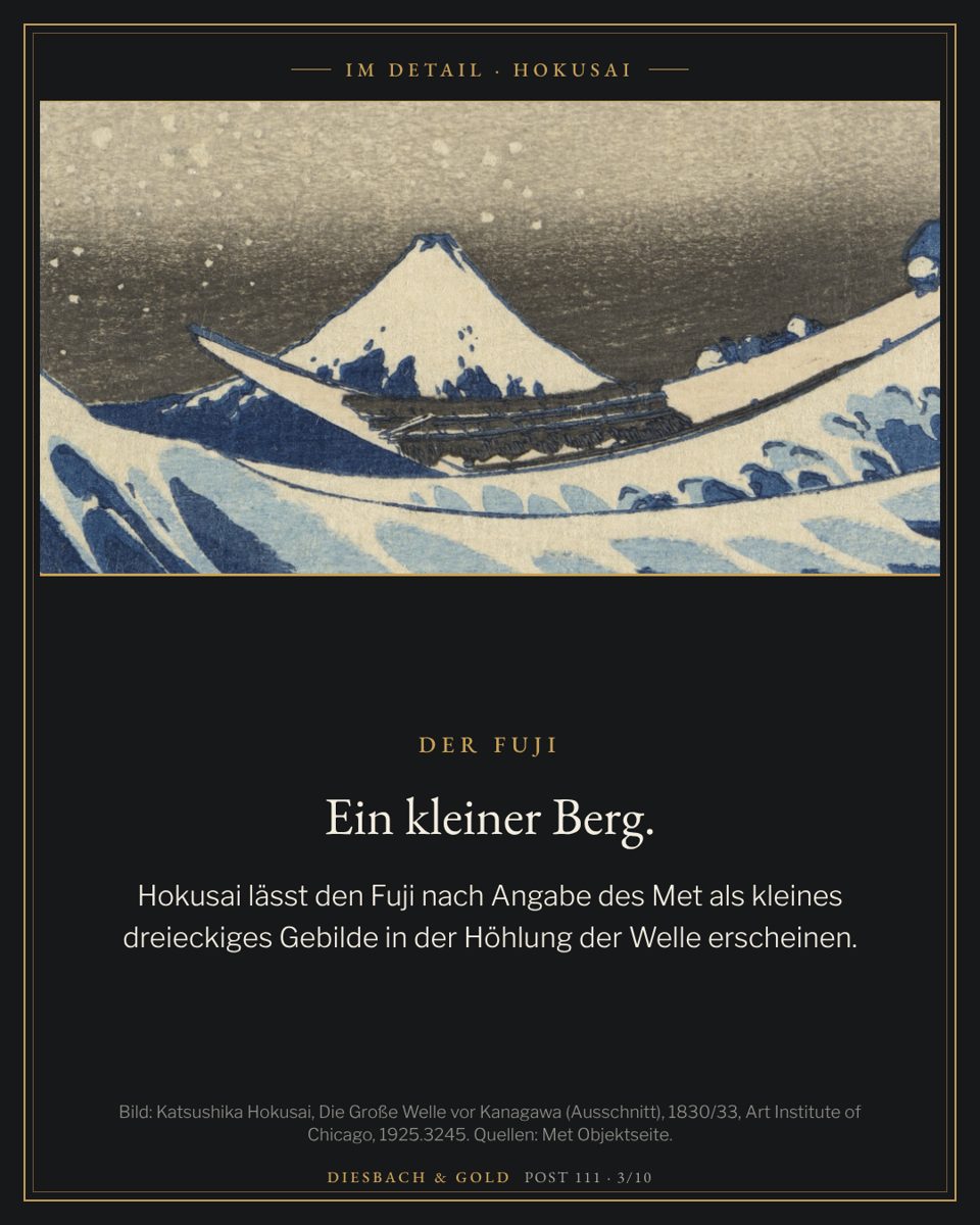 Ausschnitt: der kleine Fuji hinter Wellen und einem Boot.