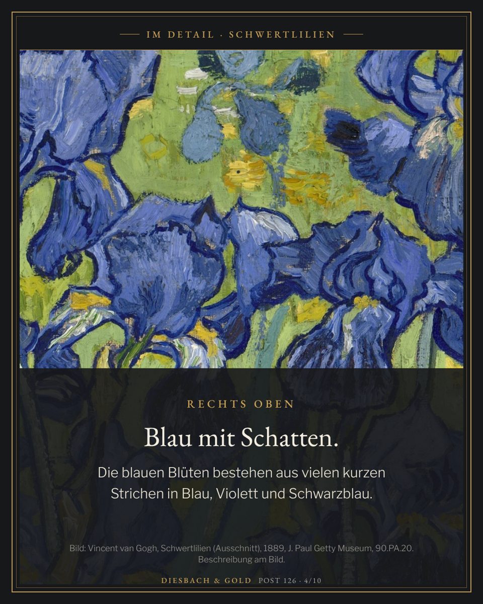 Ausschnitt rechts oben: Blüten aus vielen kurzen Strichen in Blau, Violett und Schwarzblau.