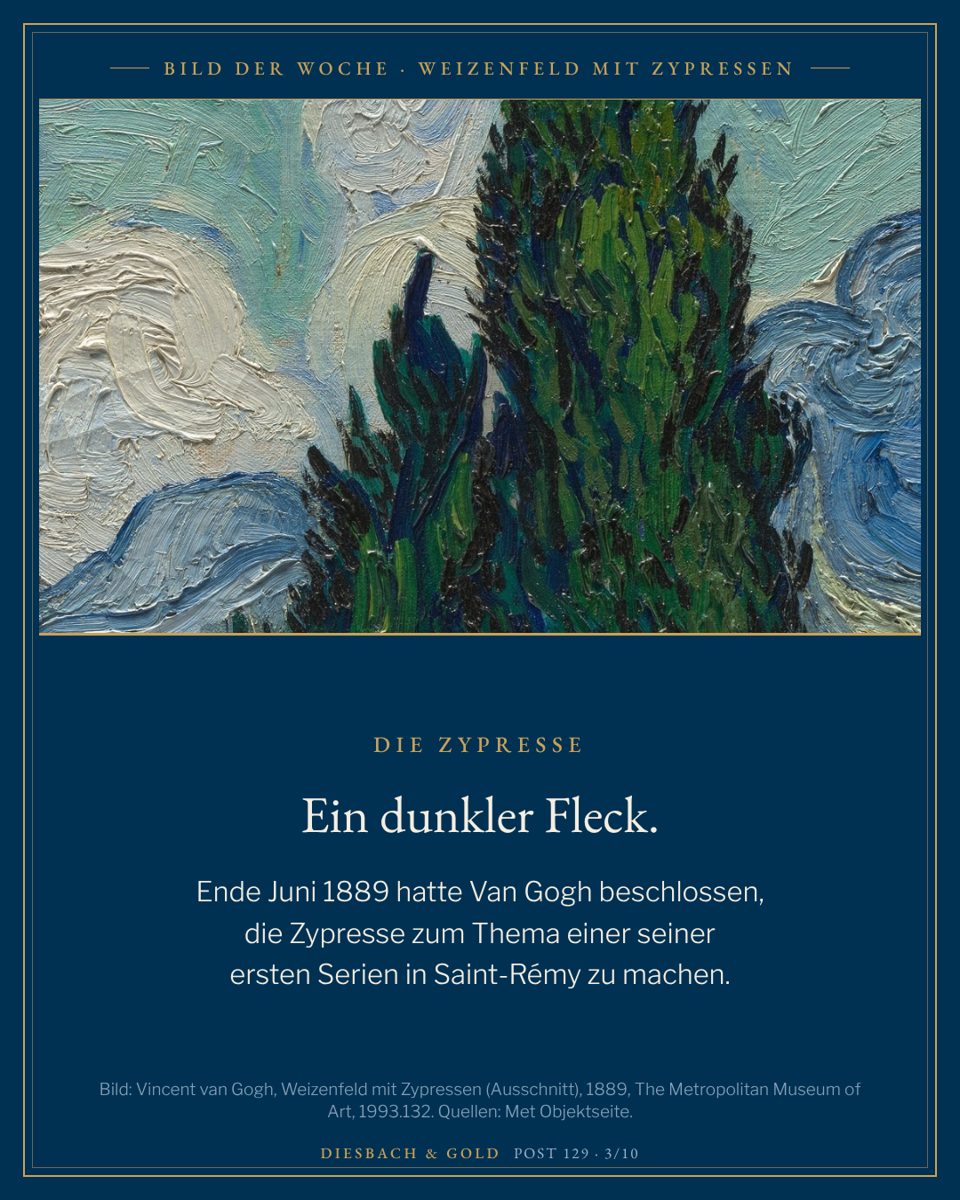 Ausschnitt: die hohe dunkle Zypresse vor dem Himmel aus weißen und blauen Wirbeln.