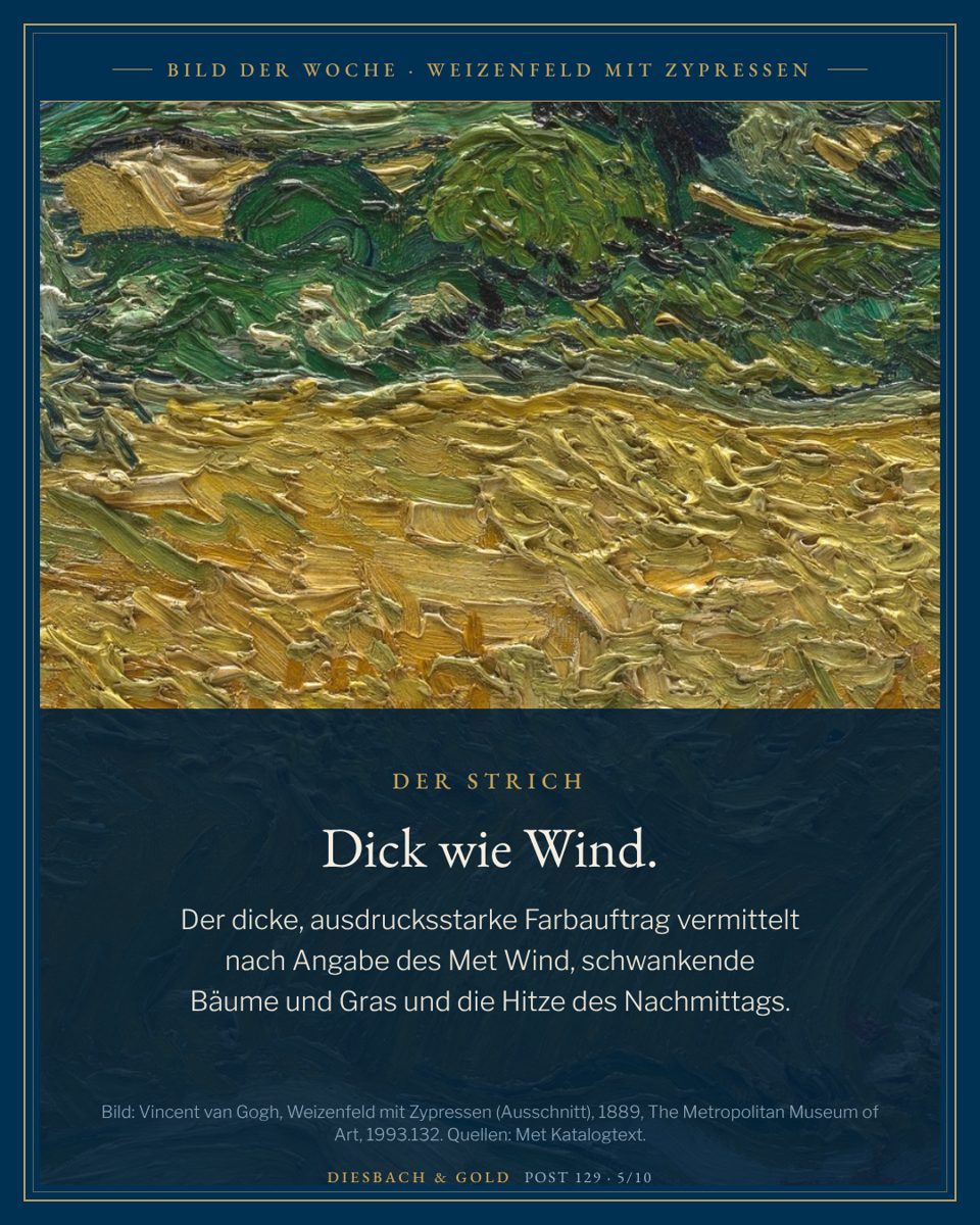 Ausschnitt: dicker, plastischer Farbauftrag auf Weizen und Himmel.