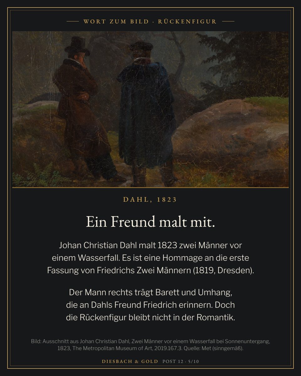 Johan Christian Dahl, Zwei Männer vor einem Wasserfall bei Sonnenuntergang, 1823: naher Ausschnitt mit zwei Männern am Waldrand neben einem bemoosten Felsen.