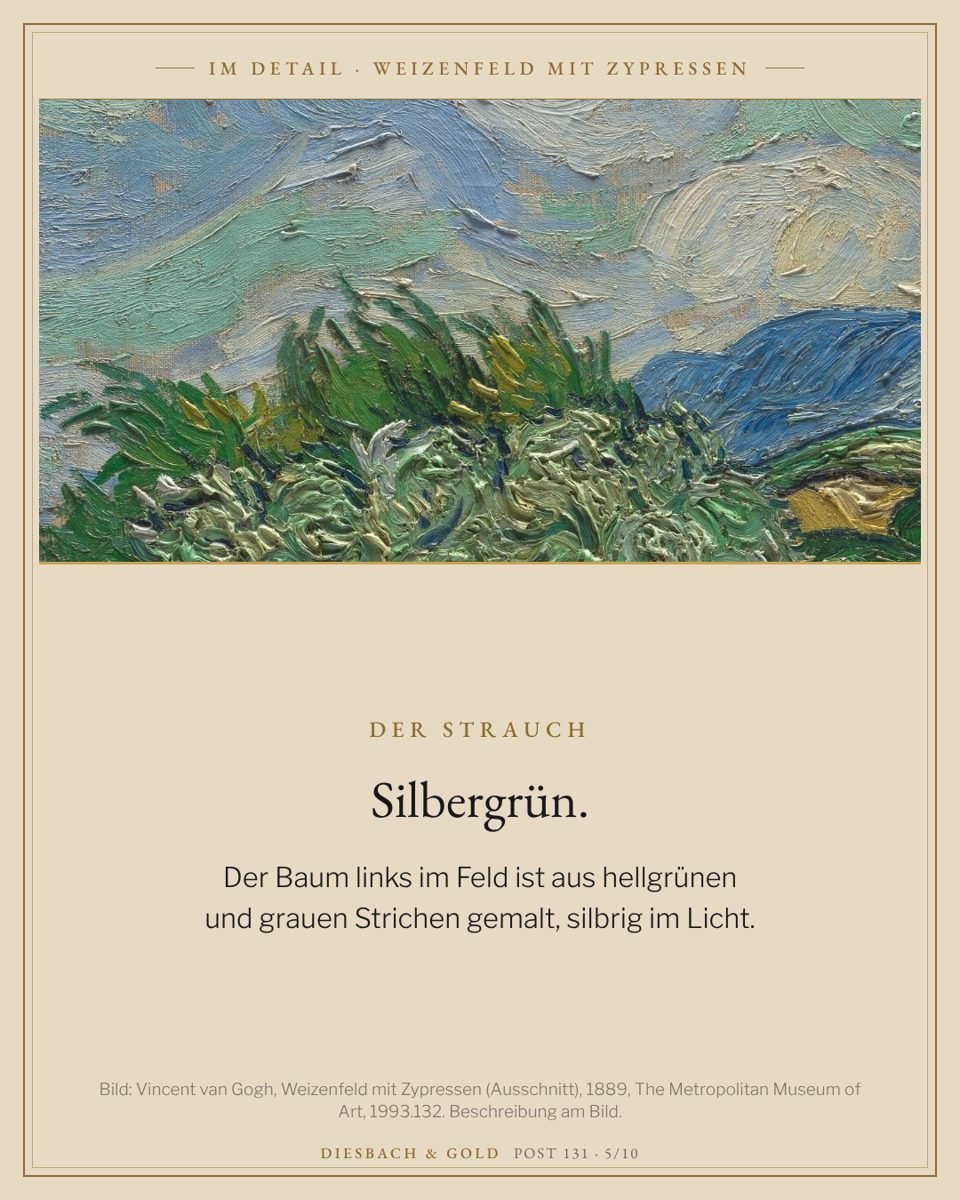 Ausschnitt: ein silbergrüner Busch im Weizenfeld, aus hellgrünen und grauen Strichen gemalt.