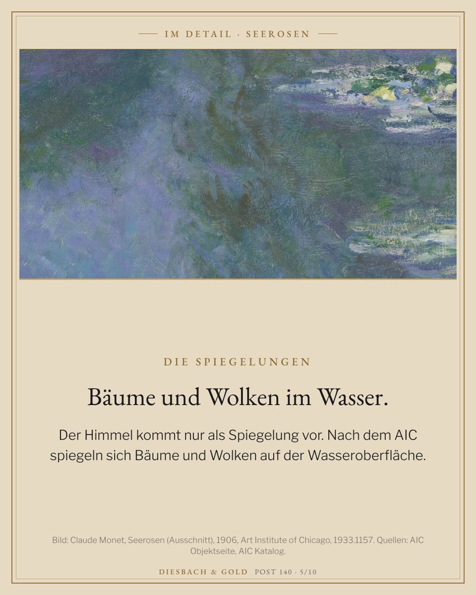 Ausschnitt mit blauer Wasserfläche, in der sich nach Angabe des Museums Bäume und Wolken spiegeln.