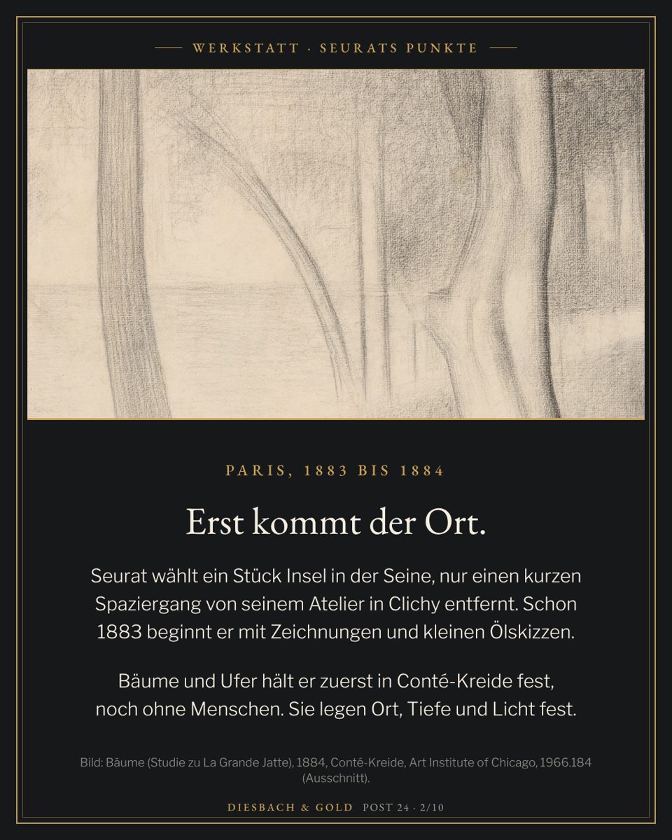 Conté-Kreide-Zeichnung von Baumstämmen und Ufer ohne Menschen, eine Studie zum Gemälde (1884).