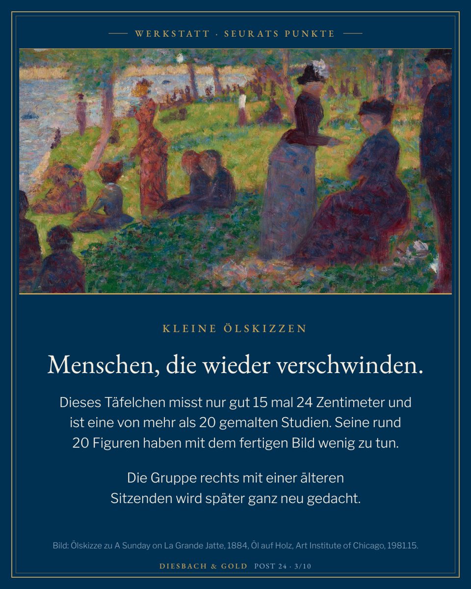 Kleine Ölskizze mit Figuren auf einer Wiese am Wasser, eine der gemalten Studien von 1884.
