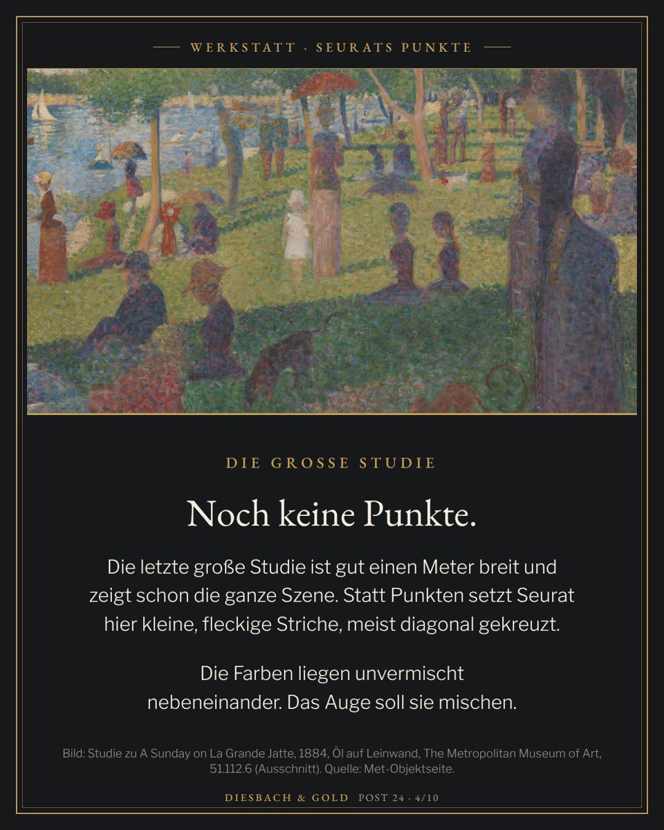 Ausschnitt der großen Ölstudie im Metropolitan Museum of Art: Menschen im Park am Fluss, gemalt mit fleckigen Strichen statt Punkten.