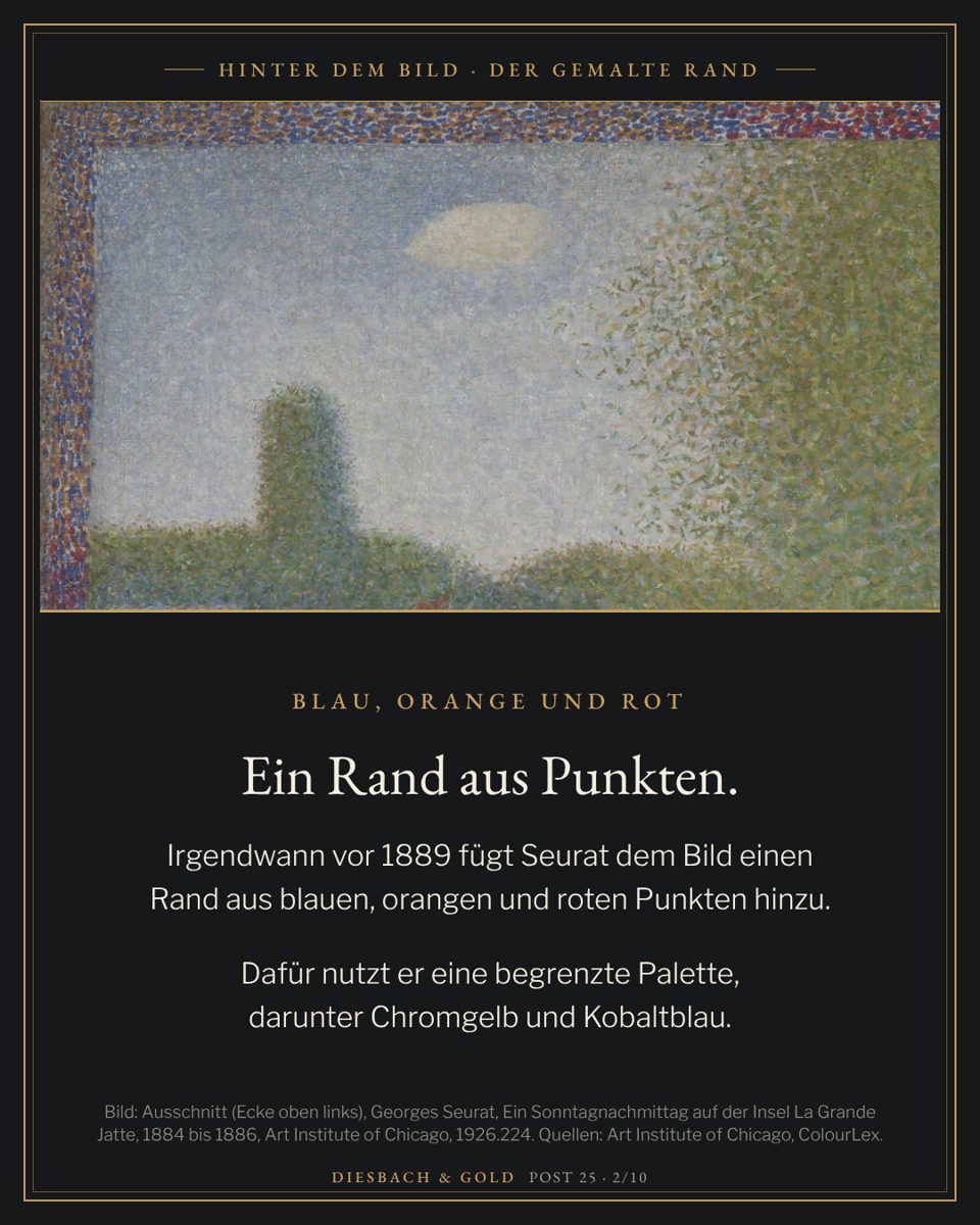 Ausschnitt aus dem Bildrand: Der von Seurat gemalte Rand aus blauen, orangen und roten Punkten umgibt Himmel, Baum und Ufer.