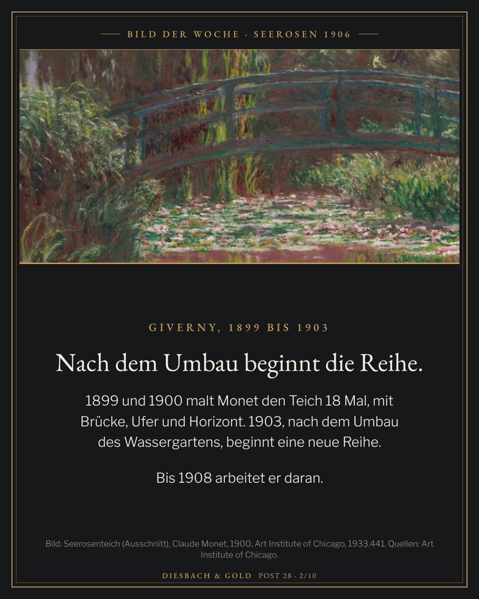 Ausschnitt aus Monets „Water Lily Pond“ von 1900 (Art Institute of Chicago, 1933.441): die grüne Brücke über dem Teich, davor Seerosen und Schilf.