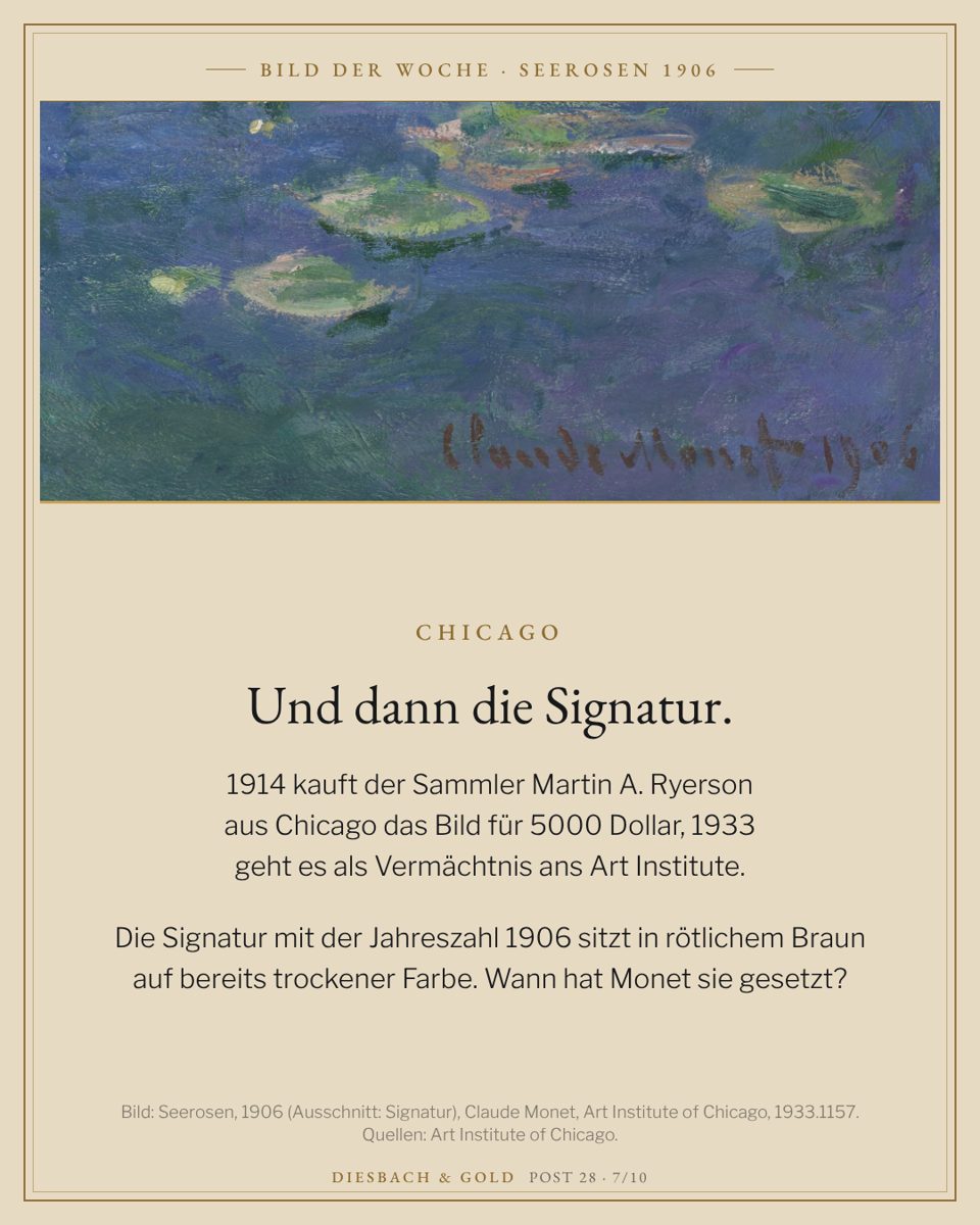 Ausschnitt unten rechts: die rotbraune Signatur „Claude Monet 1906“ auf blauem Wasser.