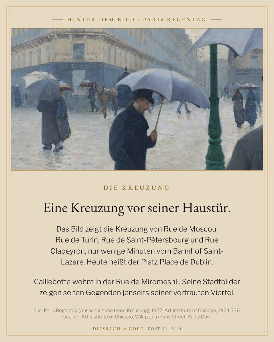 Ausschnitt mit der fernen Kreuzung: Pferd, Passanten und aufgespannte Schirme.