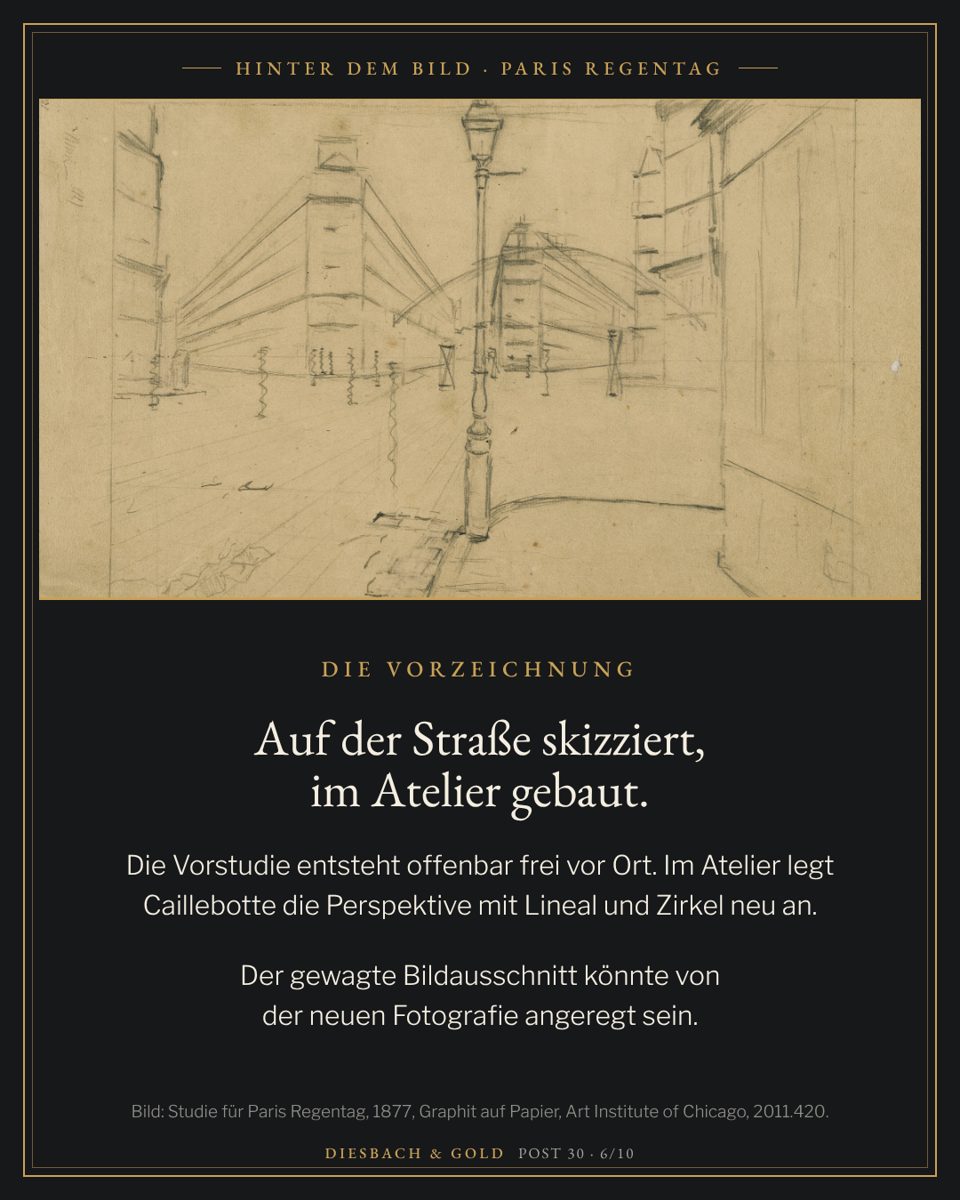 Bleistiftstudie der Straßenkreuzung mit Laterne und Fluchtlinien auf gelblichem Papier (Art Institute of Chicago, 2011.420).