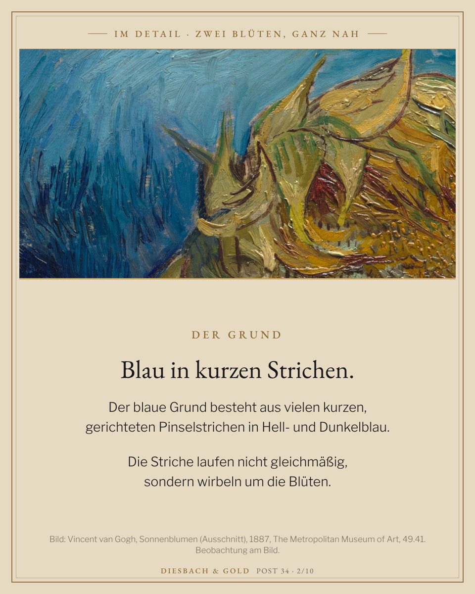Ausschnitt: der blaue Grund aus kurzen, gerichteten Pinselstrichen in Hell- und Dunkelblau.