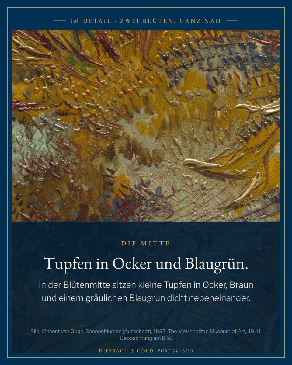 Ausschnitt: Blütenmitte mit kleinen Tupfen in Ocker, Braun und Blaugrün.