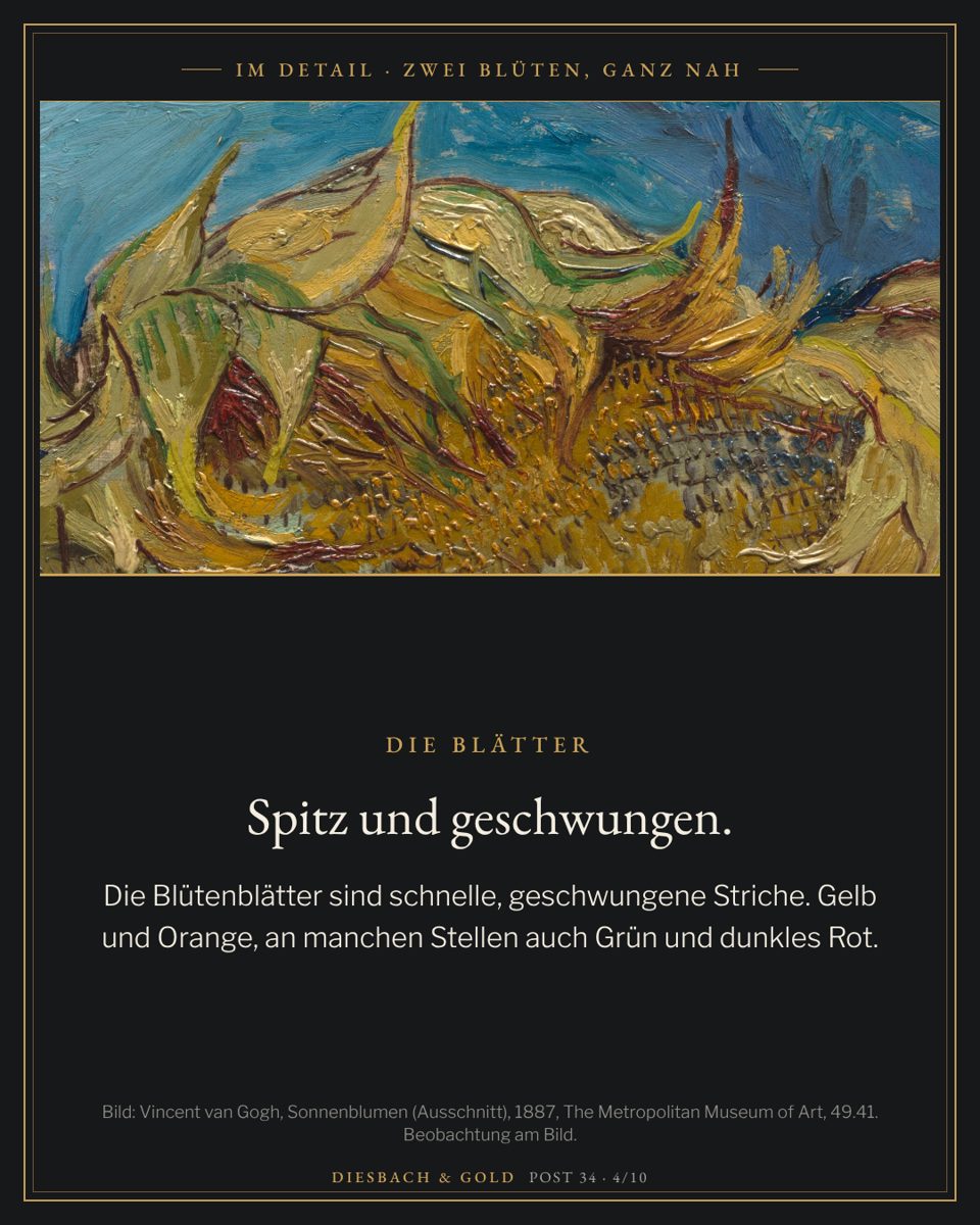 Ausschnitt: Blütenblätter in kurzen, geschwungenen Strichen in Gelb und Orange, stellenweise in Grün und dunklem Rot.