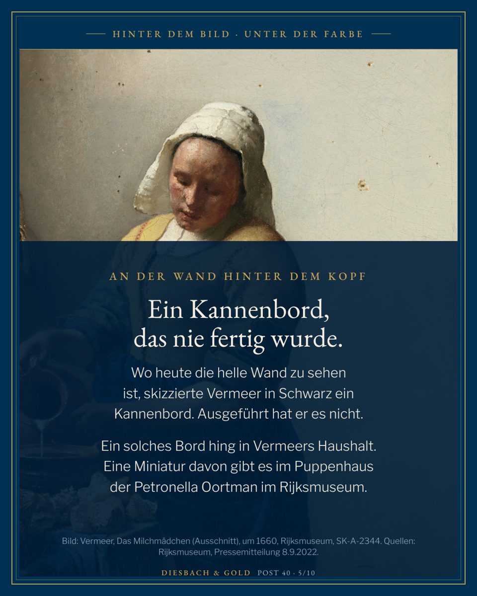 Ausschnitt: Kopf der Magd in weißer Haube vor heller Wand; das unter der Farbe skizzierte Kannenbord ist im sichtbaren Bild nicht zu erkennen.