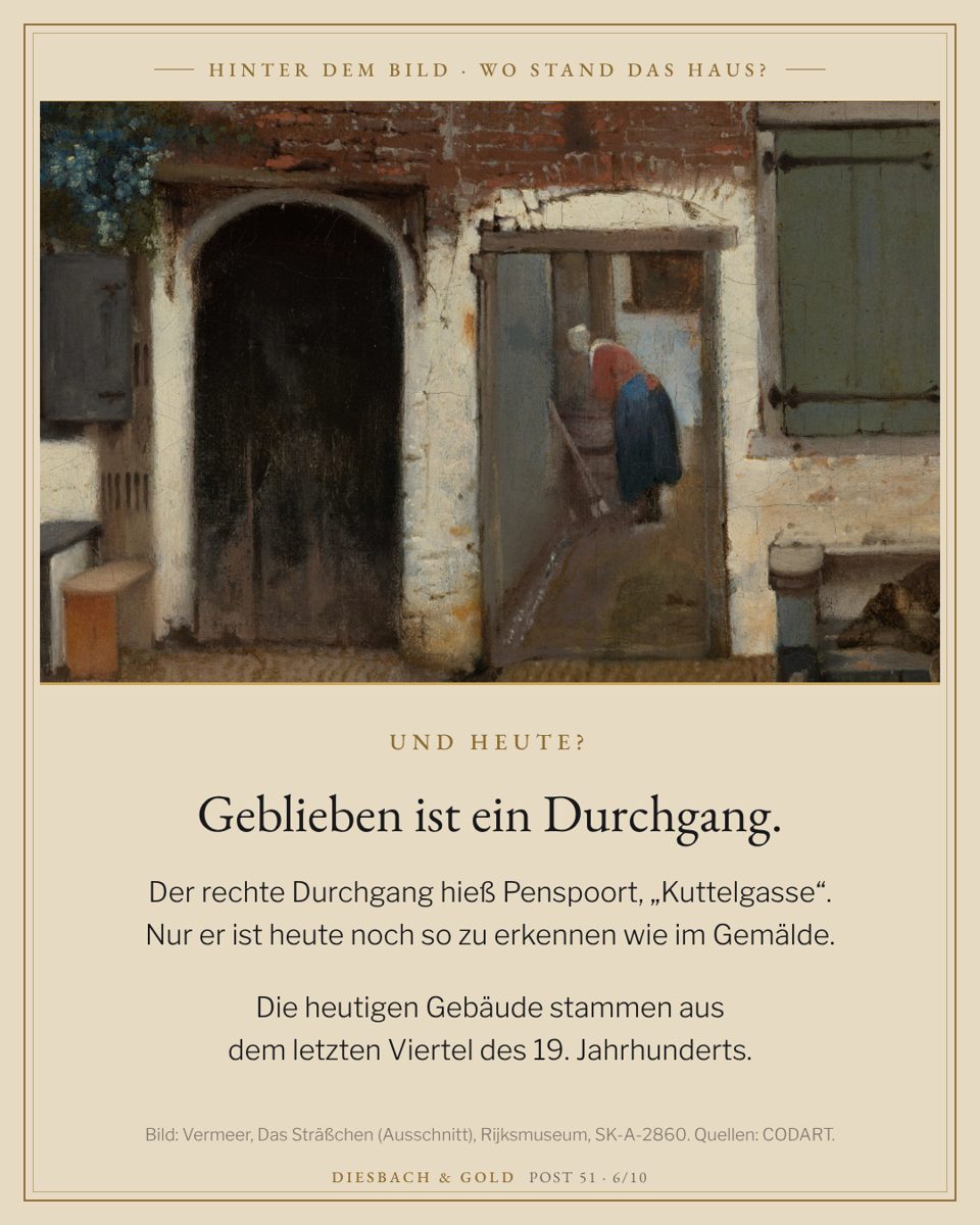 Ausschnitt: Torbogen und ein Durchgang, in dem sich eine Frau über etwas beugt, rechts grüne Fensterläden.