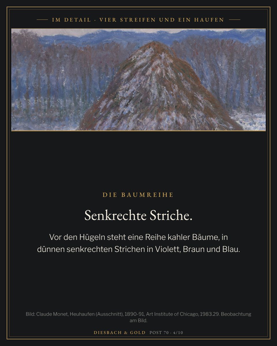 Ausschnitt: die Baumreihe in senkrechten Strichen vor dem blauen Hügelzug.