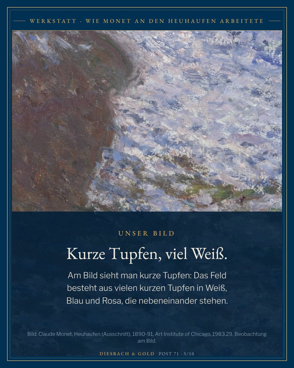 Ausschnitt des Feldes aus kurzen Tupfen in Weiß, Blau und Rosa.