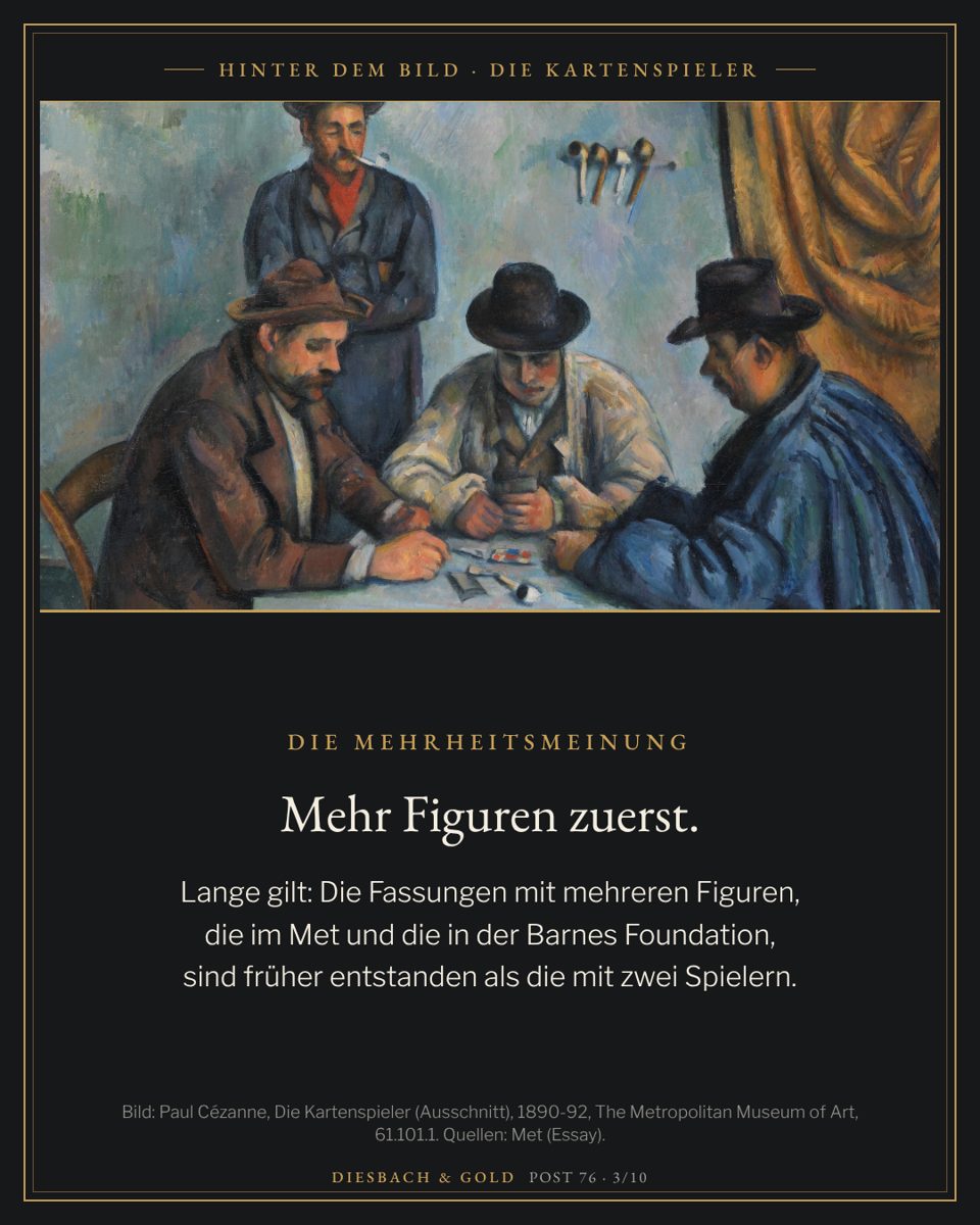 Das Gemälde im Met: drei Männer in dunklen Hüten spielen an einem hellen Tisch Karten, hinter ihnen steht ein vierter Mann.